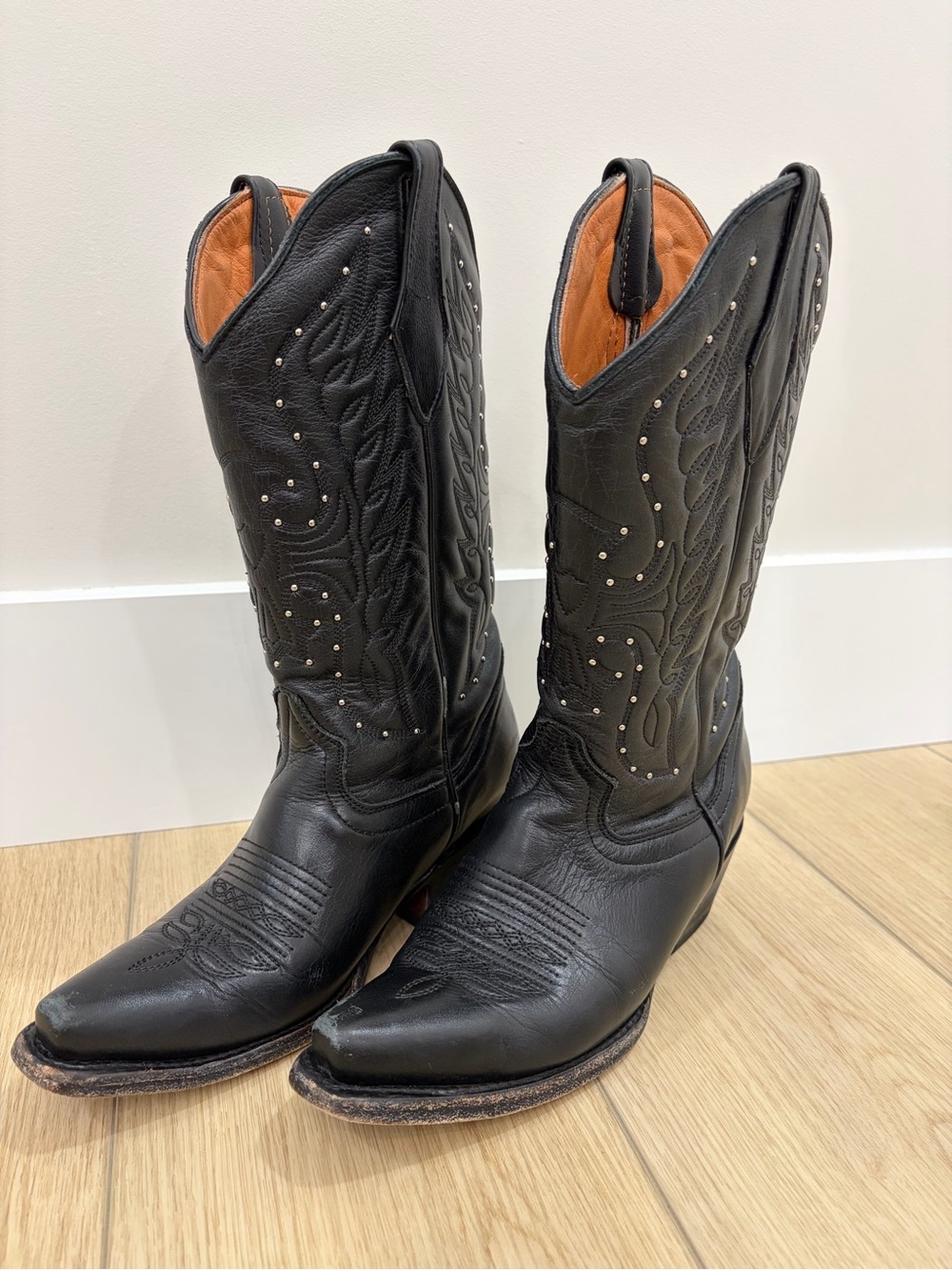 Trankas Old Mexican Company Black Western Studded Genuine Leather Cowboy Boots